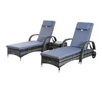 Lot De 2 Transats Bains De Soleil Grand Confort : Matelas, T?Ti?Re, Inclinaison R?Glable Multipositions, Accoudoirs, Roulettes + Table Basse Verre Tremp? R?Sine Tress?E Gris