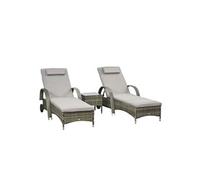 Outsunny Lot 2 transats Grand Confort + table basse verre trempé résine tressée grise