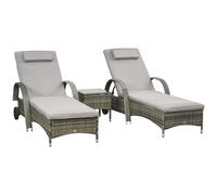 Lot De 2 Transats Bains De Soleil Grand Confort : Matelas, Têtière, Inclinaison Réglable Multipostions, Accoudoirs, Roulettes + Table Basse Verre Trempé Résine Tressée Grise