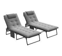 Outsunny – Lot de 2 transats pliables bains de soleil, 4 positions, appui-tête, matelas épais, gris