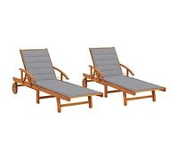 Lot de 2 transats chaise longue bain de soleil lit de jardin terrasse meuble d'extérieur avec coussins bois d'acacia solide 02_0012053