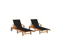 Lot de 2 transats chaise longue bain de soleil lit de jardin terrasse meuble d'extérieur avec coussins bois d'acacia solide 02_0012046