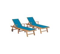Lot de 2 transats chaise longue bain de soleil lit de jardin terrasse meuble d'extérieur avec coussin bleu bois de teck solide 02_0012027