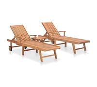 Lot de 2 transats chaise longue bain de soleil lit de jardin terrasse meuble d'extérieur avec table bois de teck solide 02_0012079