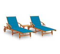 Lot De 2 Transats Chaise Longue Bain De Soleil Lit De Jardin Terrasse Meuble D'extérieur Avec Table Et Coussins Acacia Solide Helloshop26 02_0012101 Multicolore