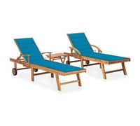 Lot de 2 transats chaise longue bain de soleil lit de jardin terrasse meuble d'extérieur avec table et coussin bois de teck solide 02_0012085
