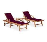 Lot De 2 Transats Chaise Longue Bain De Soleil Lit De Jardin Terrasse Meuble D'extérieur Avec Table Et Coussin Bois De Teck Solide Helloshop26 02_0012087 Multicolore