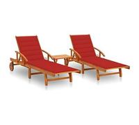 Lot de 2 transats chaise longue bain de soleil lit de jardin terrasse meuble d'extérieur avec table et coussins acacia solide 02_0012123