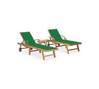 Lot de 2 transats chaise longue bain de soleil lit de jardin terrasse meuble d'extérieur avec table et coussin bois de teck solide 02_0012091