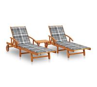 Lot De 2 Transats Chaise Longue Bain De Soleil Lit De Jardin Terrasse Meuble D'extérieur Avec Table Et Coussins Acacia Solide Helloshop26 02_0012109 Multicolore