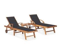 Lot de 2 transats chaise longue bain de soleil lit de jardin terrasse meuble d'extérieur avec table et coussin bois de teck solide 02_0012081