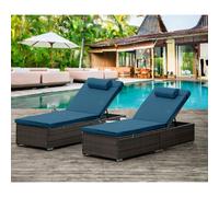 CONCEPT USINE | Lot de 2 Transats en Résine Tressée Punta CANA Marron | Dossier Inclinable + Tablette Latérale | Coussins Bleu Foncé Déhoussables | Bain de Soleil Confort Jardin & Piscine