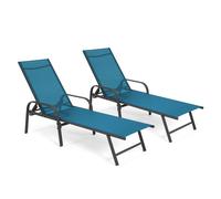 IDMarket – Lot de 2 transats de jardin inclinables Fidji – Acier gris anthracite, toile bleu canard