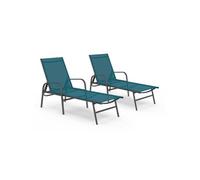 IDMarket – Lot de 2 transats de jardin inclinables Fidji – Acier gris anthracite, toile bleu canard