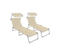 TECTAKE Lot de 2 transats acier Dossier réglable en 4 positions avec Pare-soleil réglable en continu - Beige