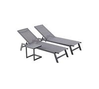 CONCEPT USINE | Lot De 2 Transats Inclinables + Table d'Appoint | Bain De Soleil d'Extérieur | Prato Gris & Noir | 2 roulettes | Aluminium Textilène Dossier Réglable | Jardin Terrasse Plage Piscine