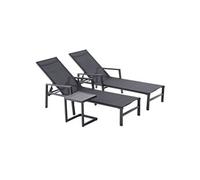 CONCEPT USINE - Lot de 2 Transats Ajustables accoudoirs + Table d'Appoint | Bain De Soleil Chaise Longue | Bari Noir | Aluminium Textilène | Réglable 6 Positions | Jardin Terrasse Plage Piscine
