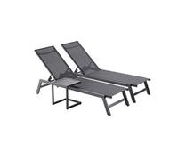 CONCEPT USINE | Lot De 2 Transats Inclinables + Table d'Appoint | Bain De Soleil d'Extérieur | Prato Noir | 2 roulettes | Aluminium Textilène Dossier Réglable | Jardin Terrasse Plage Piscine