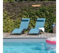 Lot de 2 transats GALAPAGOS en textilène bleu gris - aluminium gris anthracite Happy Garden