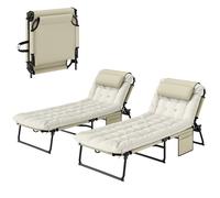 Outsunny Lot de 2 transats Bains de Soleil Pliable avec Dossier inclinable 4 Positions - Appui-tête et Matelas épais Ultra Confortable - Tissu textilène et Acier, Beige