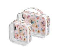 Lot de 2 trousse de maquillage de voyage transparente pour le printemps colibris pour femmes hommes filles Été Fleurs Oiseau Trousse de toilette pour voyage Essentiels de voyage Trousse de toilette,