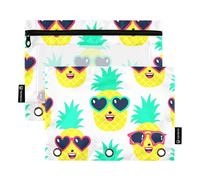Lot de 2 trousses à crayons à 3 anneaux avec fermeture éclair - Motif ananas jaunes et feuilles - Rose - 24,9 x 18 cm