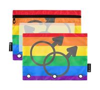 Lot de 2 trousses à crayons à 3 anneaux avec fermeture éclair - Motif drapeau de la Gay Pride - 24,9 x 18 cm