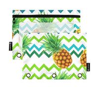 Lot de 2 trousses à crayons à 3 anneaux avec fermeture éclair pour garçons et classeurs d'école, 24,9 x 18 cm, vert tropical ananas