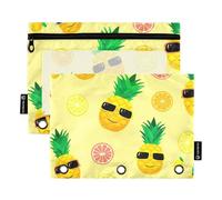 Lot de 2 trousses à crayons à 3 anneaux avec fermeture éclair - Pour le bureau - Transparent - Motif ananas jaunes - 24,9 x 18 cm