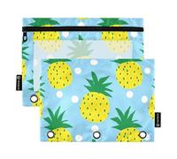 Lot de 2 trousses à crayons à 3 anneaux - Motif ananas jaunes - Bleu clair - Fermeture éclair - Pour l'école - 24,9 x 18 cm