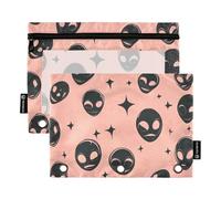Lot de 2 trousses à crayons à 3 trous avec fenêtre transparente - Motif Aliens maléfiques - Avec fermeture éclair - Grande trousse robuste à 3 anneaux - Pour bureau, école, cosmétiques - Multicolore