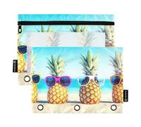 Lot de 2 trousses à crayons à fermeture éclair pour femme avec 3 anneaux Rose transparent Motif ananas de plage 24,9 x 18 cm