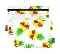 Lot de 2 trousses à crayons à imprimé animal avec 3 anneaux - Motif ananas tropicaux ludiques - Blanches - Fermeture éclair - Pochette transparente - 24,9 x 18 cm