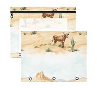 Lot de 2 trousses à crayons - Adorable perforatrice à 3 trous pour classeur à 3 anneaux - Fournitures de salle de classe - Vache occidentale - Cactus - Vaste désert