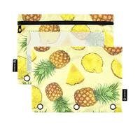Lot de 2 trousses à crayons ananas jaune clair avec classeur à 3 anneaux et fermeture éclair pour femme, classeurs d'école, poches transparentes, 24,9 x 18 cm