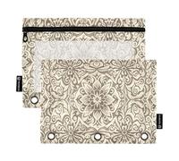 Lot de 2 trousses à crayons artistiques marron et crème pour classeur à 3 anneaux Fermeture éclair lisse avec fenêtre en PVC transparent pour fournitures scolaires