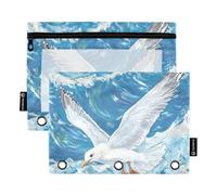 Lot de 2 trousses à crayons avec 3 anneaux avec fenêtre transparente Motif mouette blanche volant au-dessus de la mer Couleurs assorties Classeur 3 anneaux pour bureau, école, cosmétiques Multicolore