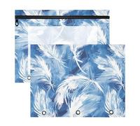 Lot de 2 trousses à crayons avec 3 œillets renforcés, 3 trous de poche pour papier A4, lettres et lettres, fournitures de salle de classe, tie-dye plumes bleues et blanches