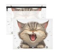 Lot de 2 trousses à crayons avec 3 œillets renforcés et 3 trous de poche pour lettre A4 pour enseignants, fournitures scolaires, étudiants, enseignants, motif chat en colère de dessin animé FUUNY