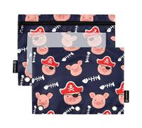 Lot de 2 trousses à crayons avec classeur à 3 anneaux - Chapeaux de pirates - Avec fermeture éclair - Imprimé animal - Poches transparentes - 24,9 x 18 cm