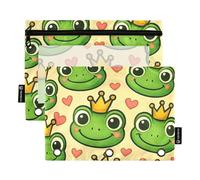 Lot de 2 trousses à crayons avec classeur à 3 anneaux - Motif grenouille et couronne de prince - Fermeture éclair - Classeur d'école - Pochettes transparentes - 24,9 x 18 cm