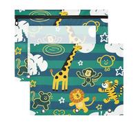 Lot de 2 trousses à crayons avec fenêtre transparente à 3 trous pour papier A4, lettre, fournitures artistiques pour enseignants, girafe, singe, rayures vertes et bleues