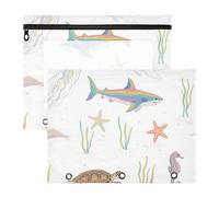 Lot de 2 trousses à crayons avec fenêtre transparente pour lettres A4 - Fournitures scolaires - Océan - Animal de mer - Étoile de mer - Requin - Méduse - Coloré - Estuche para lapices
