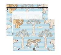 Lot de 2 trousses à crayons avec fermeture éclair en plastique pour classeur à 3 anneaux pour enseignant, fournitures de salle de classe, rhinocéros, animaux, lion, guépard