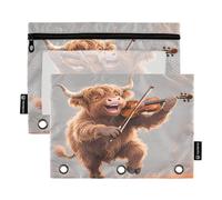 Lot de 2 trousses à crayons avec fermeture éclair lisse et fenêtre en PVC transparent Motif vache des Highlands jouant du violon