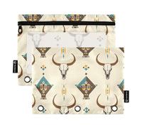 Lot de 2 trousses à crayons avec fermeture éclair Motif tête de mort de vache de l'Ouest géométrique 3 anneaux