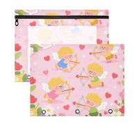 Lot de 2 trousses à crayons avec fermetures éclair lisses - Poche à 3 trous pour classeur à 3 anneaux - Fournitures d'art pour enseignants - Motif dessin animé et mignon Cupidon rose