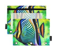 Lot de 2 trousses à crayons colorées avec fermeture éclair à 3 anneaux - Poissons tropicaux verts et bleus - Pour le bureau, l'école, les classeurs - Motif floral - 24,9 x 18 cm