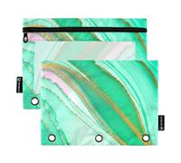 Lot de 2 trousses à crayons colorées pour classeur à 3 anneaux en marbre vert avec fermeture éclair - Trousse à stylos - Trousse d'écolier en tissu transparent - 24,9 x 18 cm