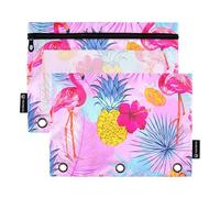 Lot de 2 trousses à crayons de bureau à 3 anneaux avec fermeture éclair - Poches transparentes personnalisées pour l'école - Flamants roses tropicaux et ananas - 24,9 x 18 cm